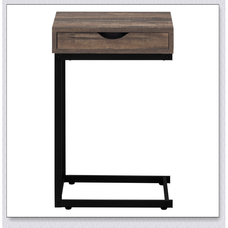 Table d'appoint, en forme de C, bout, côté, collation, tiroir de rangement, stratifié brun, métal noir