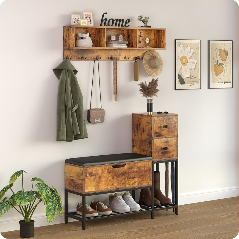 39" Coat Rack Shoe Bench Set With Flip Top Box And 2 Drawers,Yacchi Home Entryway Bench With Shoe Storage,7 In 1 Entryway Bench With Coat Rack, Storage Bench With 7 Coat Hooks& 2 Umbrella -Rustic Wood