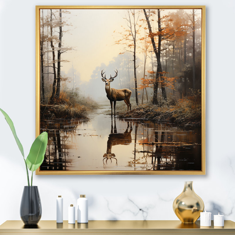 «Animal Deer Misty Morning II», impressions sur toile, Cadre flottant doré, H 16 po x l 16 po x P 1 po