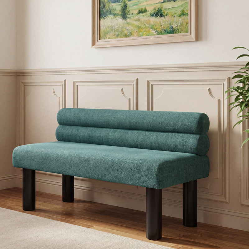 Banc de salle à manger rembourré avec pieds en bois d'hévéa et dossier roulé Yisroel, Polyester vert, Noir