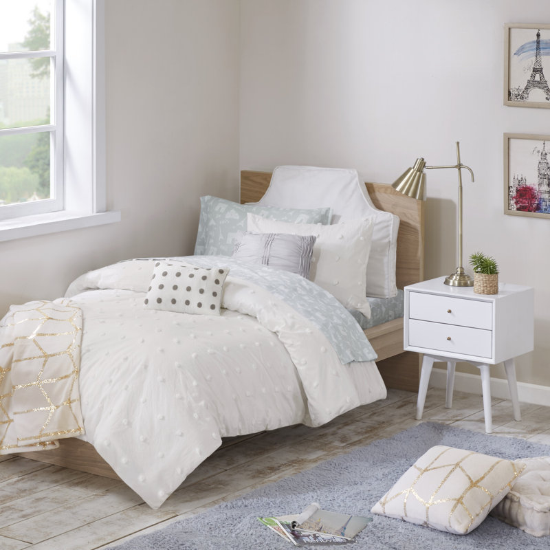 Off-White Cotton Jacquard Full/Queen Duvet Cover Set with Decorative Pillows