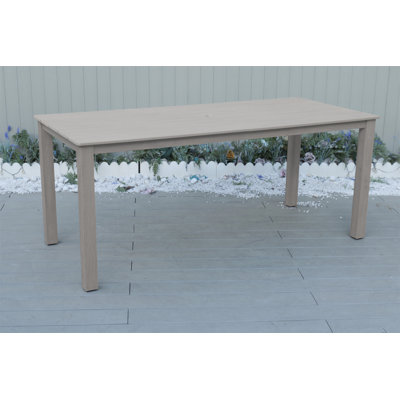 A Wooden-Textured Imitation Wood Dining Table, Simple Yet With A High Quality Feel. It Has A Small Tabletop And Is Perfect For Outdoor Picnics. Light Gray Color, 68.9 Inches Long.