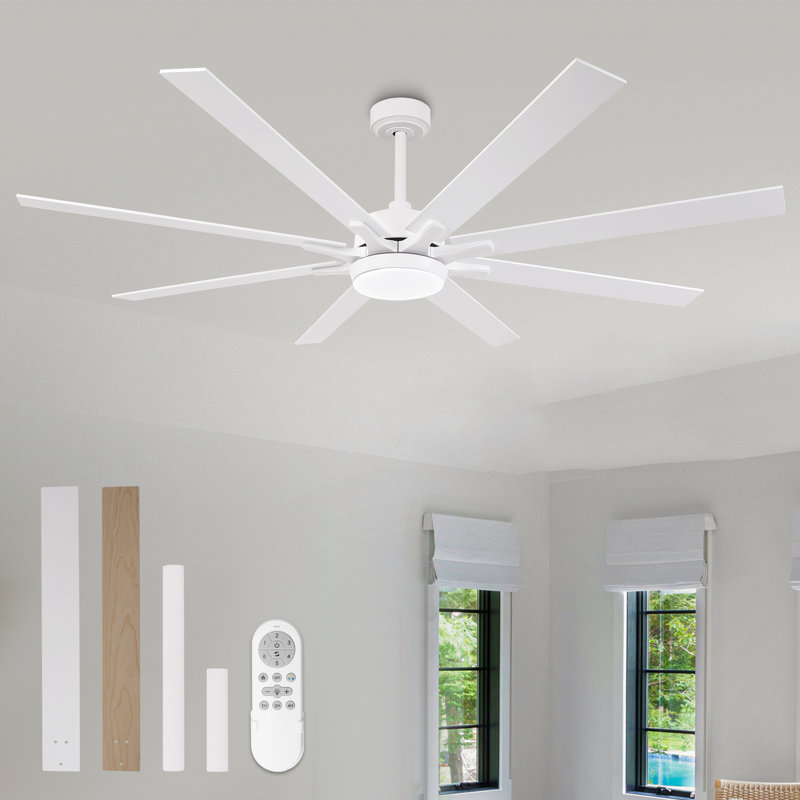 Grand ventilateur de plafond moderne à deux pales avec moulin à vent à deux pales moderne avec lumières DEL 3CCT à intensité variable et télécommande, moteur à courant continu réversible à 6 vitesses, minuterie, tiges verticales de 4 po / 10 po, pour intérieur / extérieur couvert