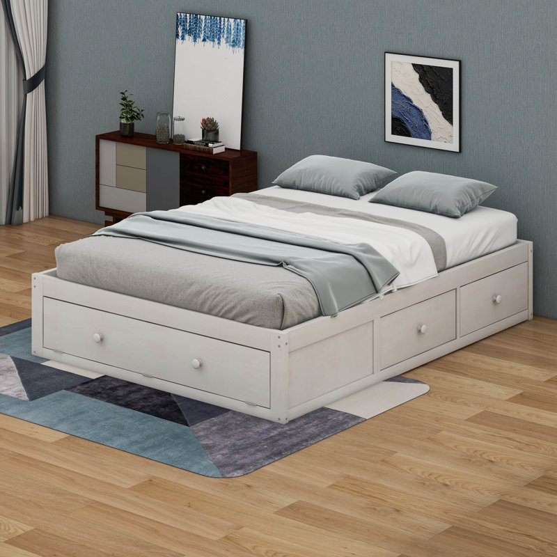 Grand lit plateforme en bois avec 4 tiroirs sous le lit et rangement hydraulique au pied du lit, Blanc antique