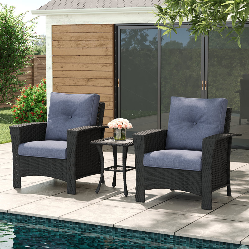 3 Piece Wicker Patio Furniture Set, Classis Outdoor Conversation Armrest Chairs Set With Coffee Table, Navy, Black