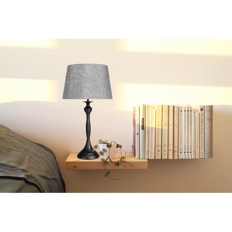 Antibes Candlestick Style Metal Table Lamp, Black, Black Base/Grey Shade, 57cm H x 28cm W x 28cm D