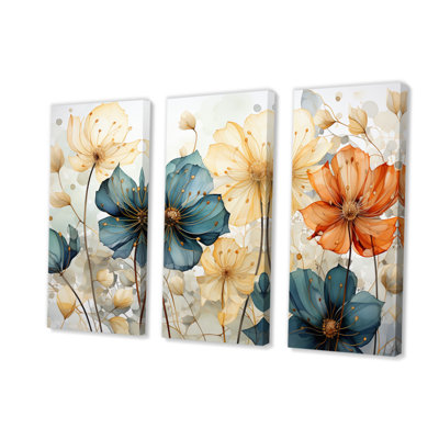 Mosaïque de pétales orange sarcelle I sur toile, 3 pièces