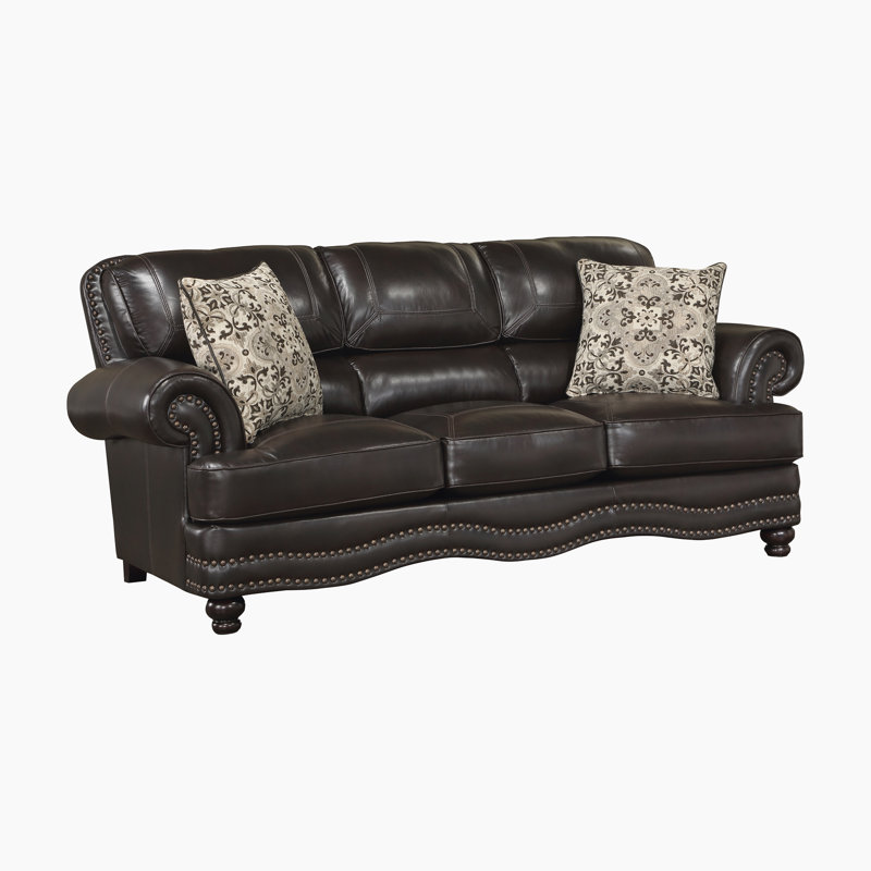 Daishun 88" Traditional Sofa with Breathable Faux Leather Upholstery, Sophisticated Nailhead Trim & Two Decorative Pillows