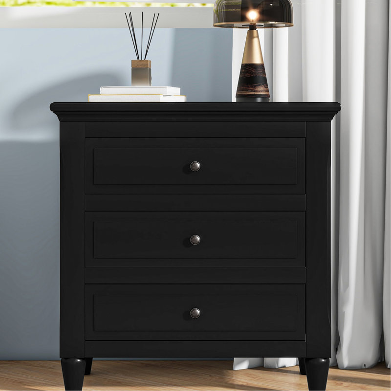 Table de chevet 3 - noir, bois de pin massif, rail coulissant en métal pour une transition en douceur, entièrement assemblé, armoire de rangement de chambre à coucher et de salon assemblée