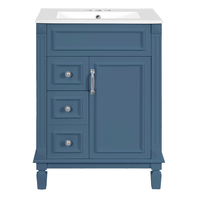 Meuble-lavabo moderne 24 po avec lavabo en céramique, armoire en bois massif avec 2 tiroirs et tablette (noir / blanc / vert / bleu)