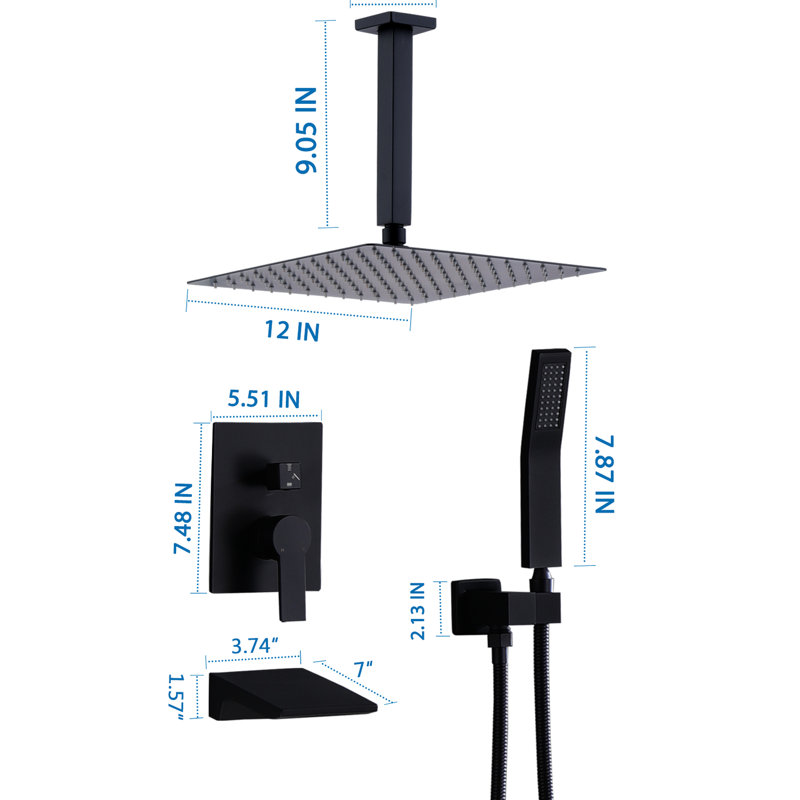 Wall Mounted 12" Shower Machinery Construction Kit, Matte Black, Stainless Steel With Handheld & Waterfall Tub Spout Gear, And