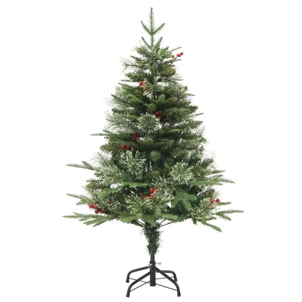 Künstlicher Weihnachtsbaum 120 cm Grün mit LED-Leuchten in Warmweiß, Tannenzapfen, Beeren und Ständer