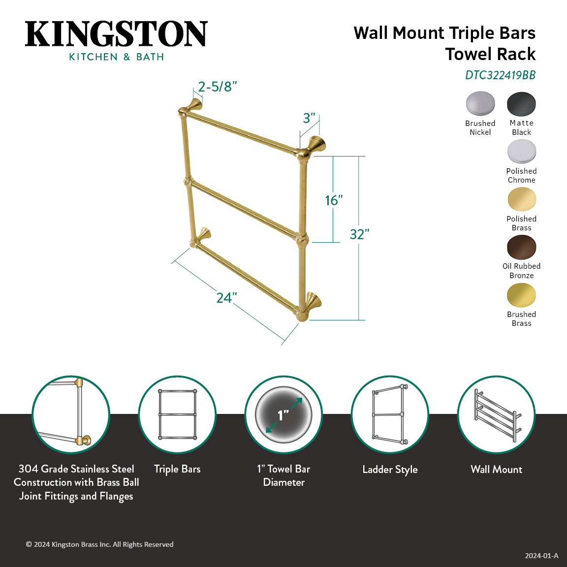 Maximilien 24" Wall Mounted 3-Bar Towel Rack, Polished Brass