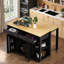 Îlot de cuisine avec table de salle à manger extensible, support de rangement interne, prise de courant, 2 tiroirs, 2 armoires et tablettes ouvertes