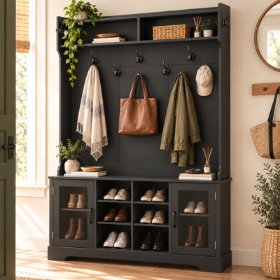Hall Tree with Bench and Shoe Storage; with 7 Coat Rack, 1 shoe bench, 2 Display Shelf, 10 Open&Enclosed Shoe Storage, and a Top Shelf