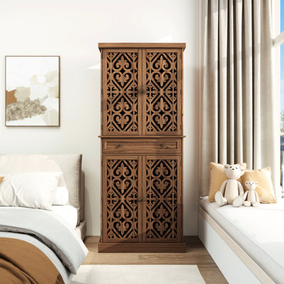 Armoire à 4 portes avec 1 tiroir, capacité de charge de 210 lb, panneau symétrique brillant, facile à assembler, imperméable, rayure, couleur noyer, tablettes réglables, porte, assemblage, bricolage, rangement d'eau