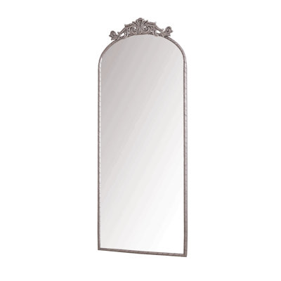 58"X24" Arched Full Body Mirror With Vintage Ornate Carved Applique On Top, Hanging Wall Mounted Mirror