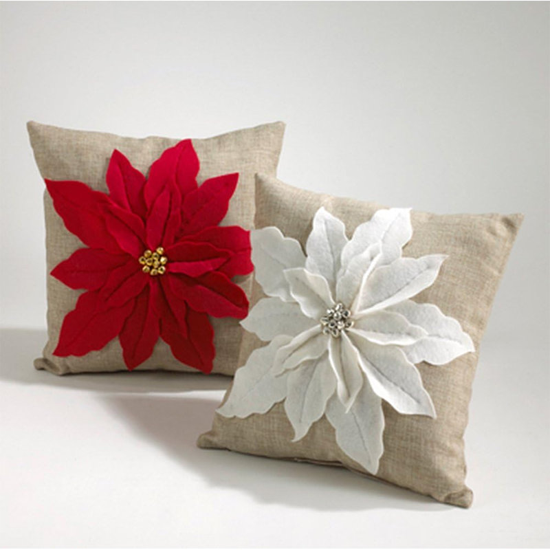 Coussin décoratif unique en forme de poinsettia fleur de Noël 17 po x 17 po, Polyester, Blanc floral