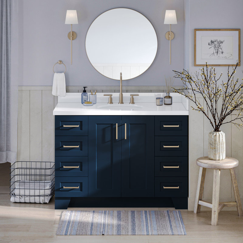 Freitas 48'' Solid Wood Single Bathroom Vanity, Oval, Midnight Blue, White Quartz
