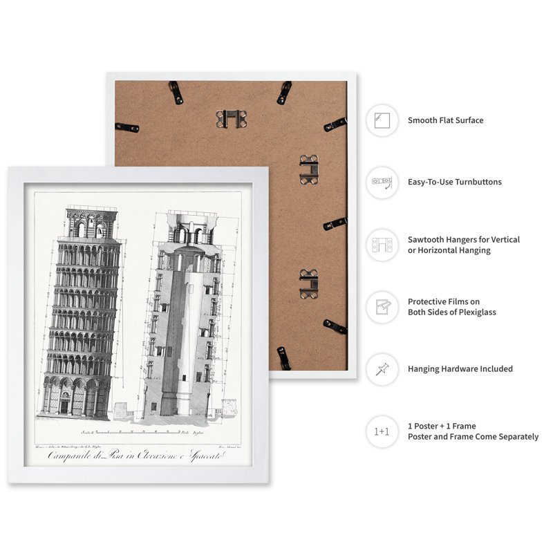 Plan de la tour penchée de Pise, Poster, White Framed, 16"H x 20"W