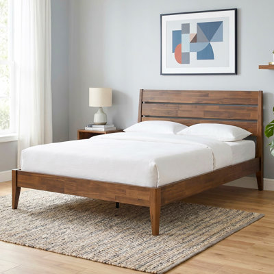 Tanira Queen Size Mid-Century Solid Wood Platform Bed Frame, TAB-44-Q, with Slatted Headboard, Warm Walnut, No Box Spring Needed