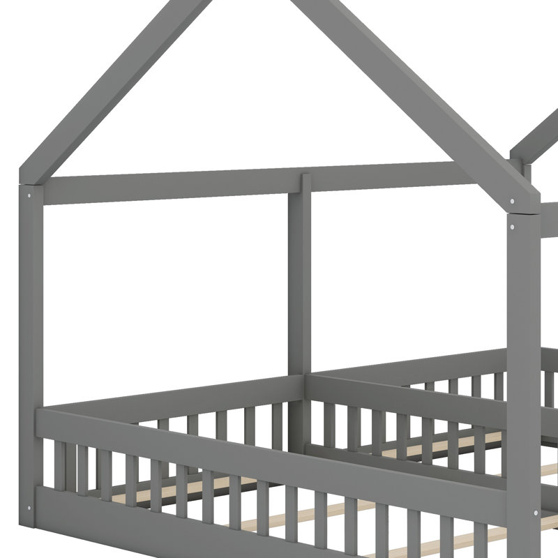 Lit plateforme House, deux lits partagés avec garde-corps, Gris