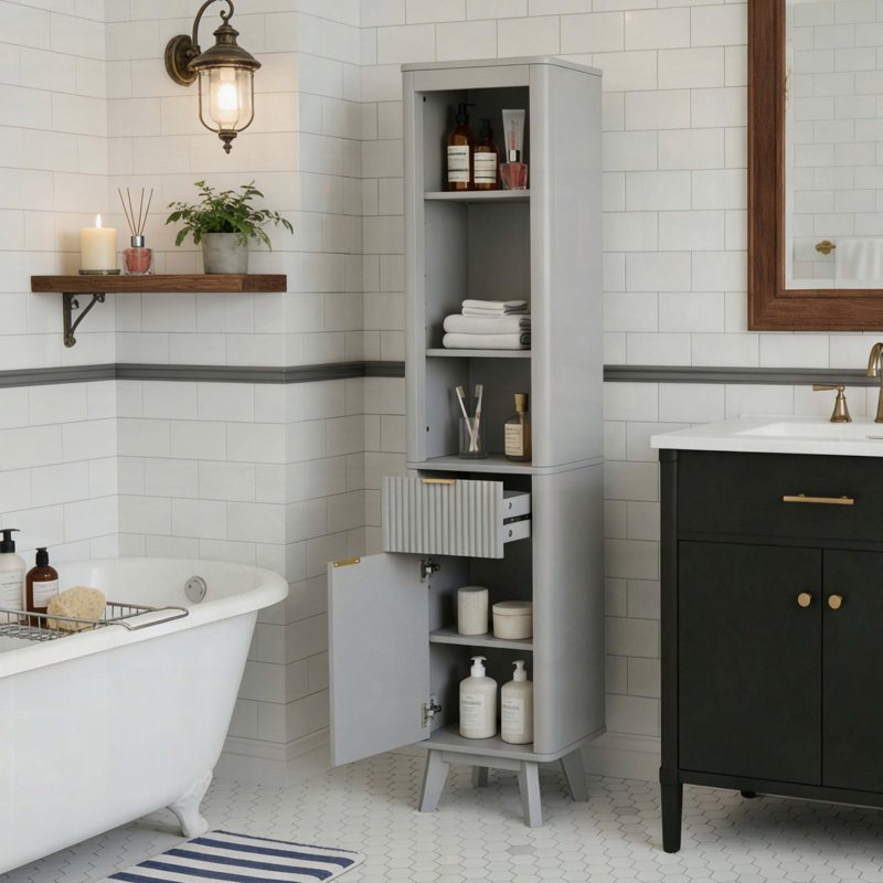 Grande armoire de rangement avec tablettes réglables et tiroir, conception cannelée pour salle de bain / salon, Grey