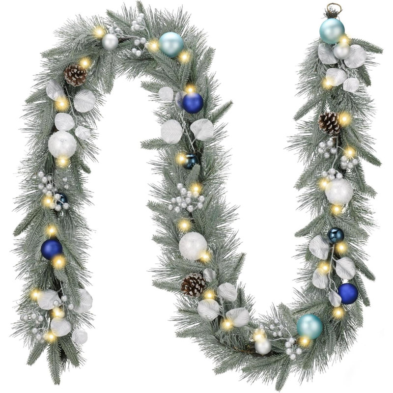 Pre-Lit Christmas Garland With Light For Mantle, Lighted Battery Operated Xmas Garland With Ball For Front Door Fireplace Table Centerpiece Outdoor Window Home Decor
