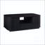 Table basse ovale avec tiroirs, portes et rangement ouvert