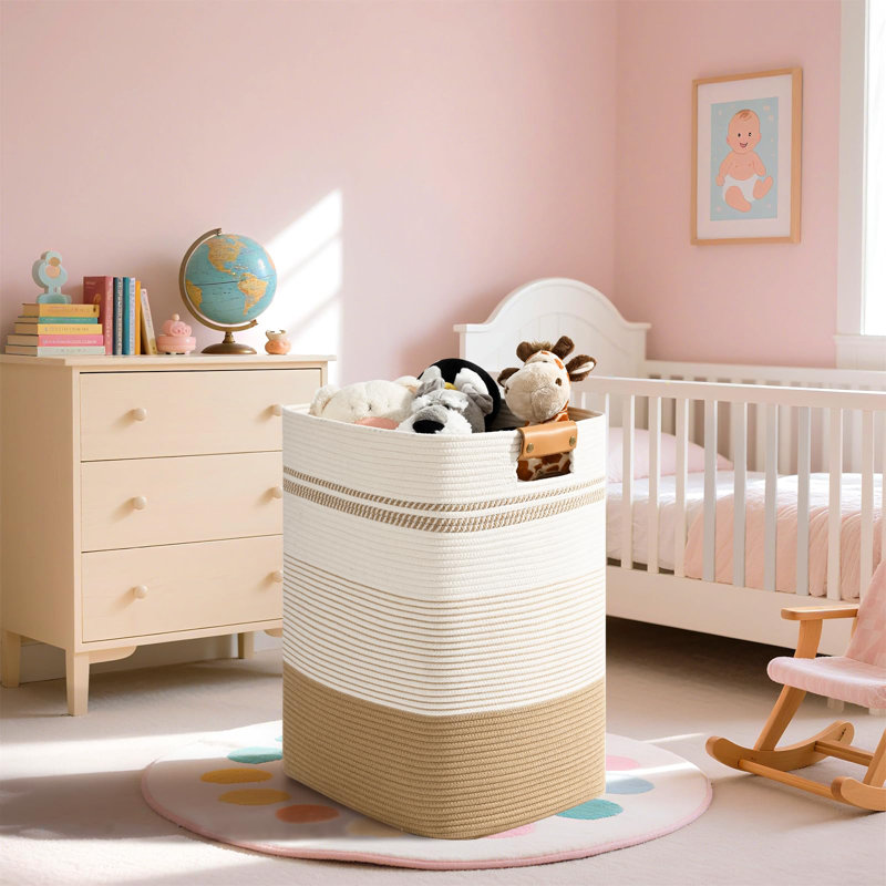 Grand panier à linge, grand panier à linge tissé 85L avec poignées en cuir - Organisateur de rangement en tissu de coton pour chambre à coucher, chambre de bébé, salle de lavage, corbeille à linge pliable rectangulaire