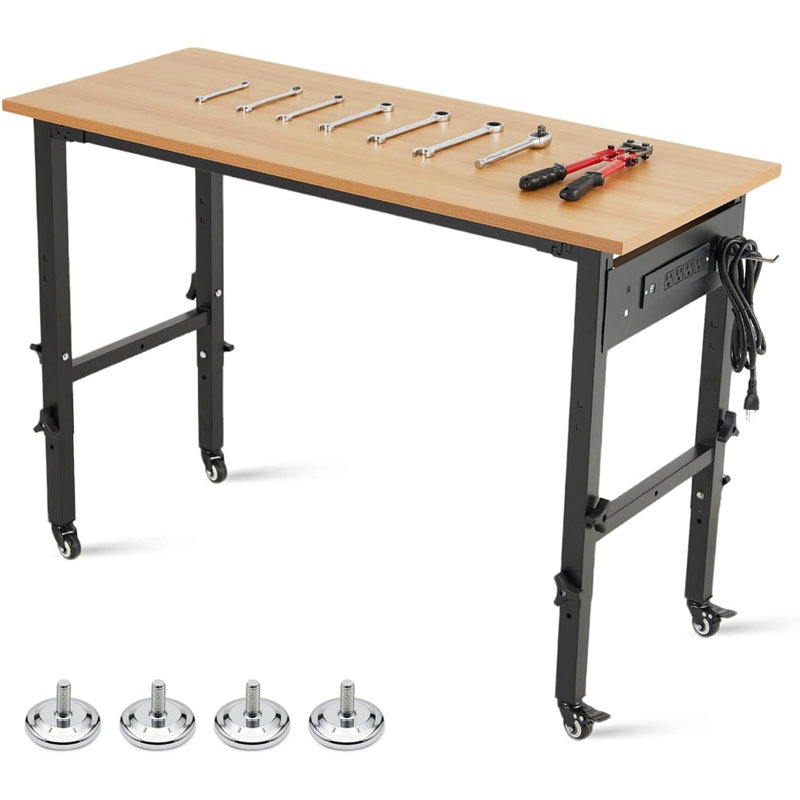 Établi à hauteur réglable de 48 po avec prise de courant et roues verrouillables, table de travail robuste en bois de noyer, établi de garage d'une capacité de 2 200 lb pour atelier, garage, bureau, maison