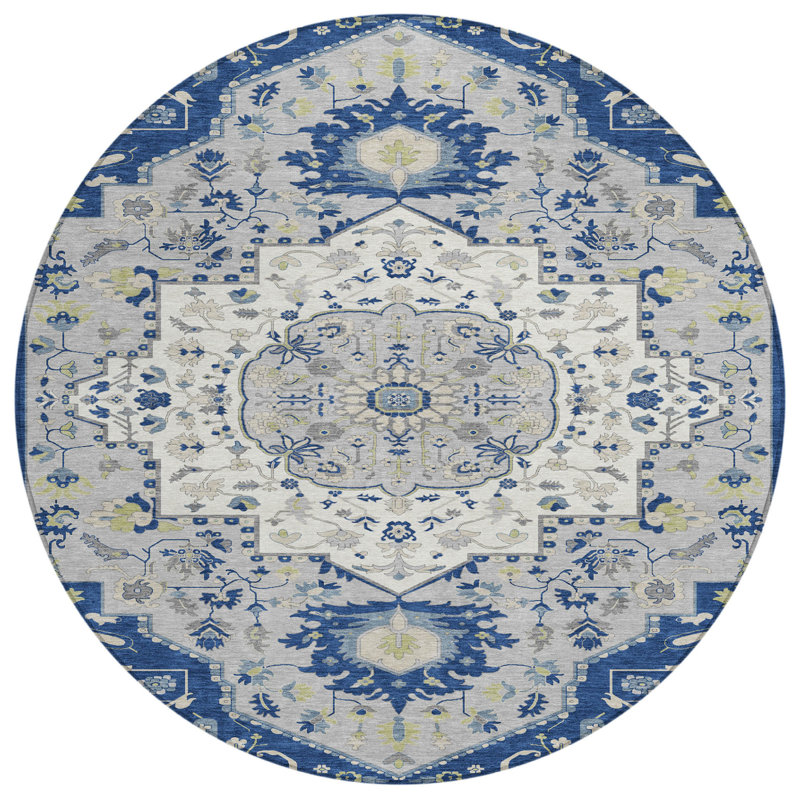 Tapis d'intérieur rond lavable oriental bleu marine de 8 pi HomeRoots