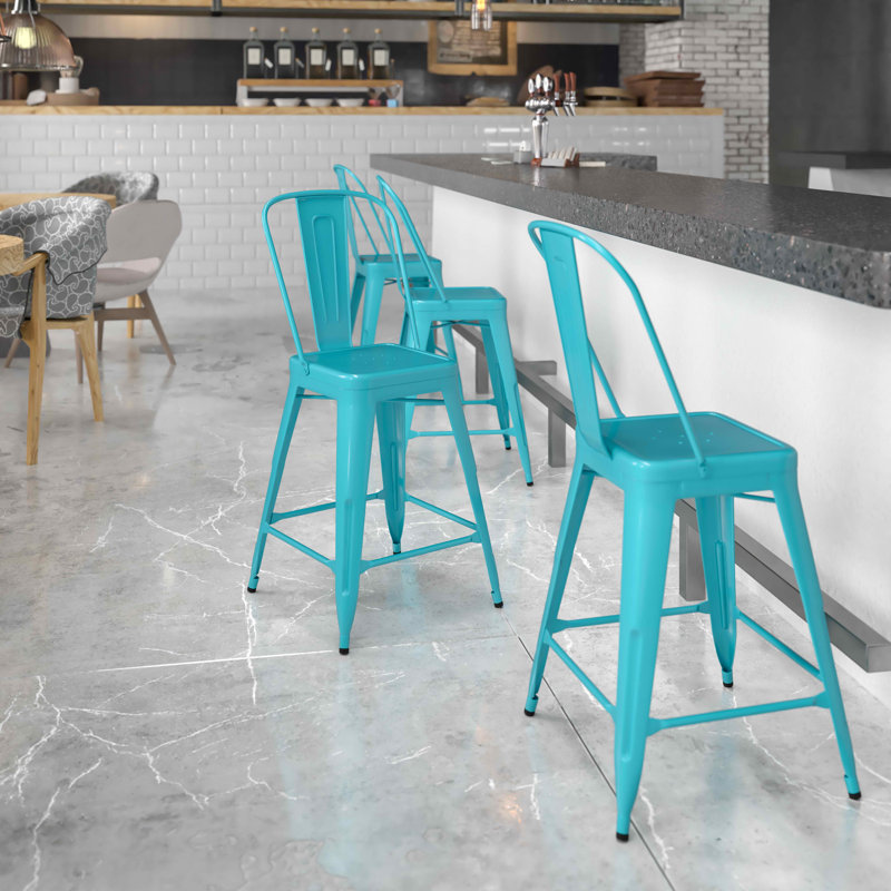 Tabouret de bar Iddings, Cristal brillant bleu sarcelle, 4, Tabouret de comptoir (siège d'une hauteur de 24 p