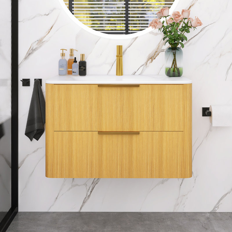 Meuble-lavabo mural moderne à 2 tiroirs avec lavabo à rayures fines, 30'', Chêne clair