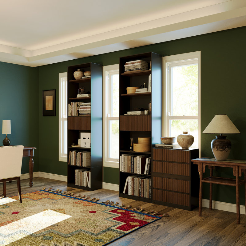 78.7" Tall Bookcase Set of 2 with Movable Footstool and Storage Drawers, Black/Brown