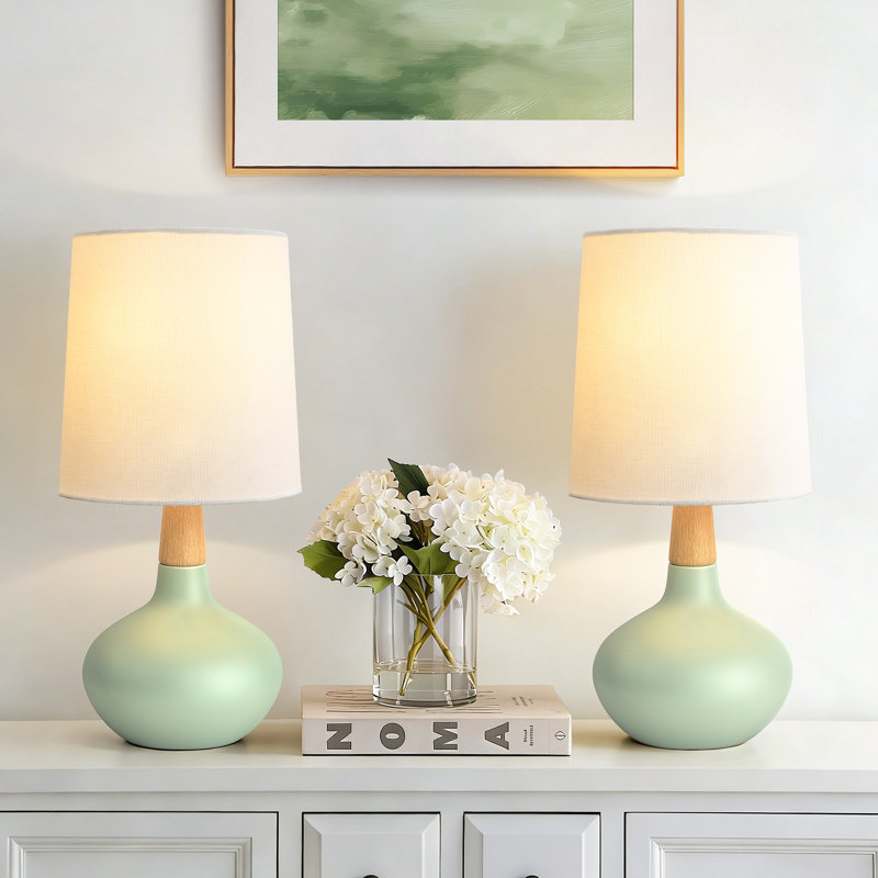 14" Modern Green Ceramic Small Table Lamp with Pre-Assembled Shade, Green
