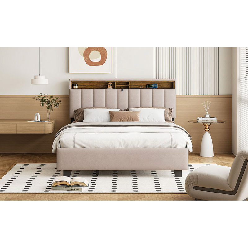 Lit, lit plateforme tapissier avec tête de lit, lit gigogne, 2 tiroirs et un ensemble de prises et ports USB, tissu en lin