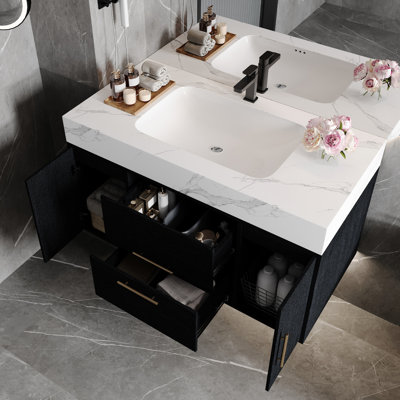 39.4" Bathroom Vanity With Sink, Ceramic Basin, Plywood Cabinet, Sintered Stone Countertop, Soft-Close Storage, Ready To Install Waterproof Seamless Glazed Quiet Drawers, Compact Design