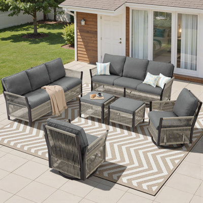 6 Piece Outdoor Patio Set, 2 All-Weather Rattan Sofas, Rattan Patio Swivel Glider Chairs Set Of 2, And 2 Ottomans, Outdoor Conversation Set For Patio, Porch, Backyard