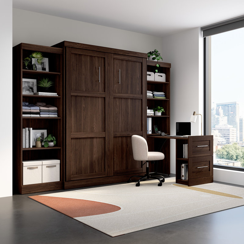 25W Pull-Out Desk Cabinet With Shelves And Hidden Storage, Black Walnut