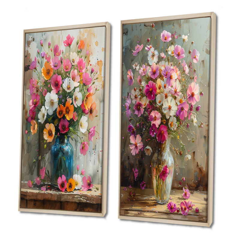 Rose et blanc bouquet d'or dans un vase I - ensemble d'art mural 2 boutons d'or, H 28 po x l 24 po, Cadre flottant érable