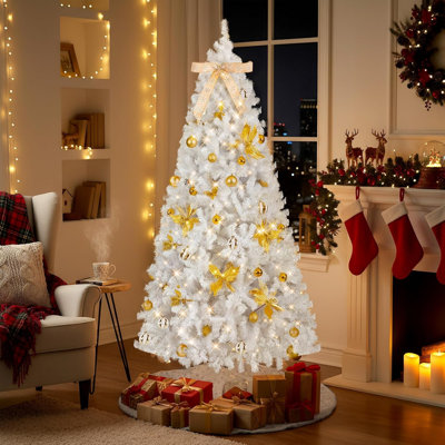 Arbre de Noël artificiel en PVC et en métal 7,5 pi avec 400 lumières à DEL blanc chaud et 1 600 branches, décoration de Noël à charnières pour le salon et la fête - style Winter Wonderland moderne