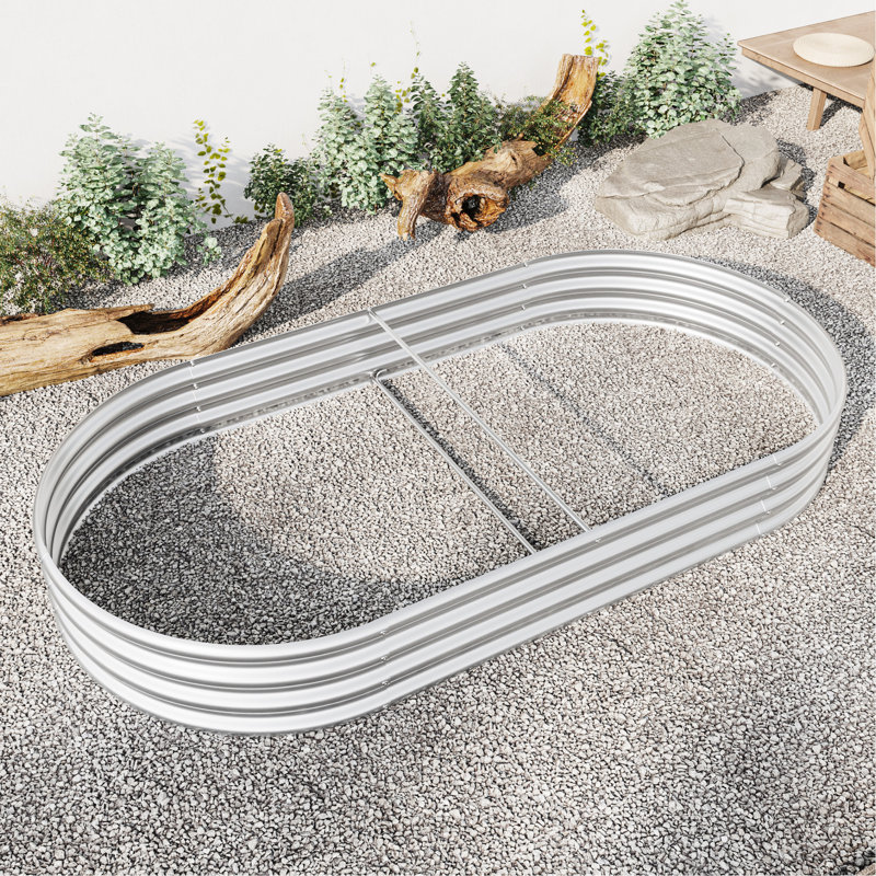 Lit surélevé ovale en métal galvanisé argenté pour fleurs de jardin, contrôle des sols à base ouverte, plantes d'extérieur de 11,39 po de hauteur