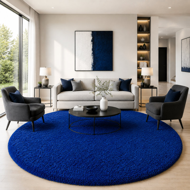 Ebern Designs Soft Fluffy Blue Shag Area Rug for Living Room Bedroom Nursery Kids Room, Blue, Round 5'