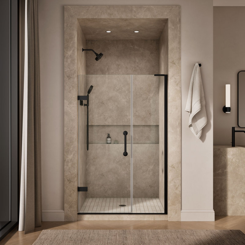 Components 71-1/2-In X 46-3/4-In Frameless Pivot Shower Door With 3/8-In Crystal Clear Glass And Back-To-Back Vertical Door Pulls