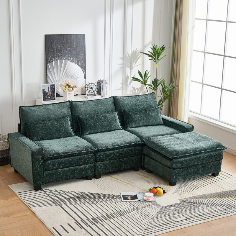 Canapé modulaire confortable en forme de L 99 po Chenille, Green Chenille