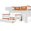 Lit simple au-dessus d'un lit double avec bureau intégré, tiroirs, tablettes, armoire et éclairage à DEL confortable, arrangement de couleur blanc + orange pour les chambres d'amis, bandes de rangement intégrées, conception moderne