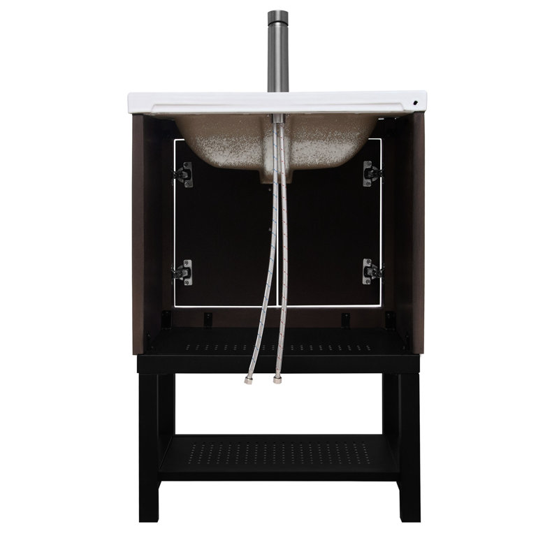 24" Freestanding Bathroom Vanity, White Smooth Sink, Textured Aluminum Faucet, Doors, Hollowed - Out Shelves, Hinges, Metal Handles, Oxidized Frame Vanity Unit, Seamless Matte Open Iron Shelf,