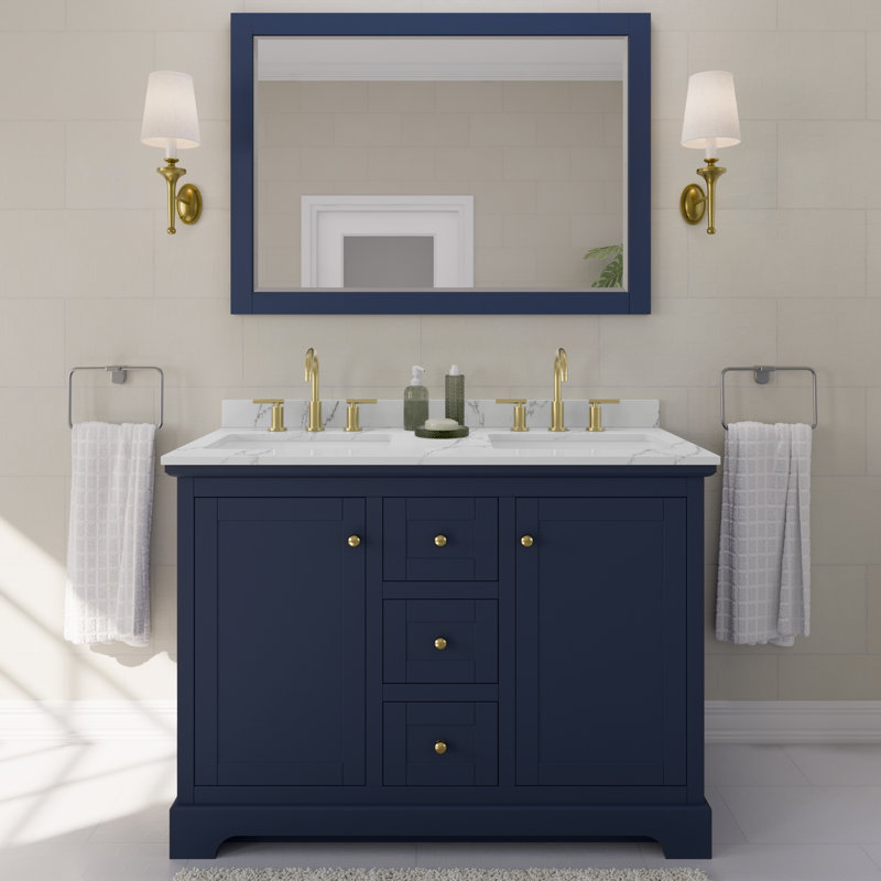 Avery 48'' Double Bathroom Vanity with Quartz Top, Dark Blue, Giotto Quartz, Brushed Gold