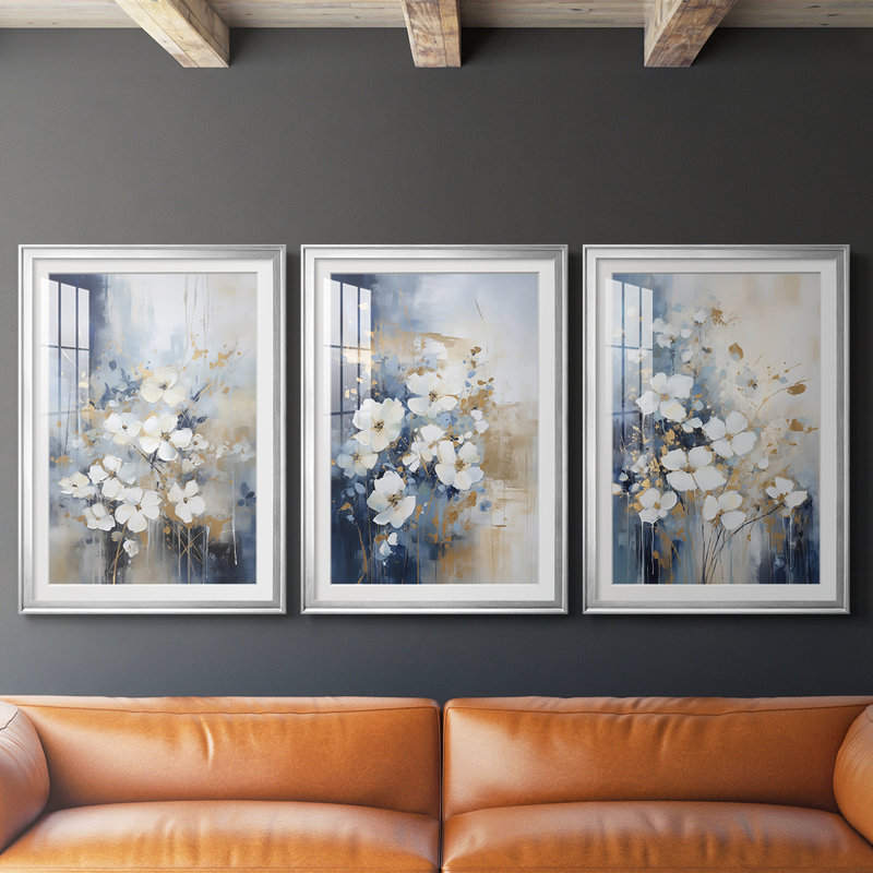 FLORAL Series CCVVIV - Impression sur mesure encadrée de qualité supérieure - 3 pièces, Argent argent, H 27 po x l 39 po